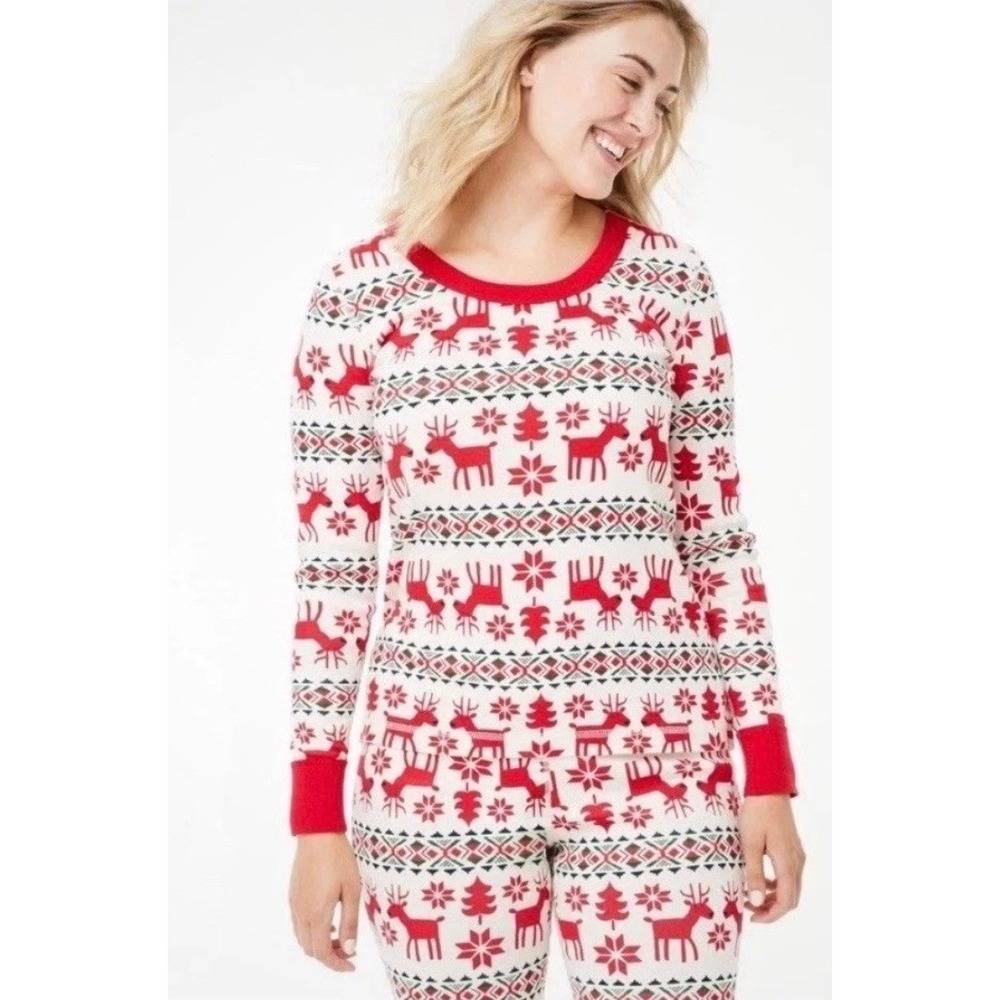 Hanna Andersson Womens S Red White Reindeer Fair Isle Holiday Pajama Top Organic